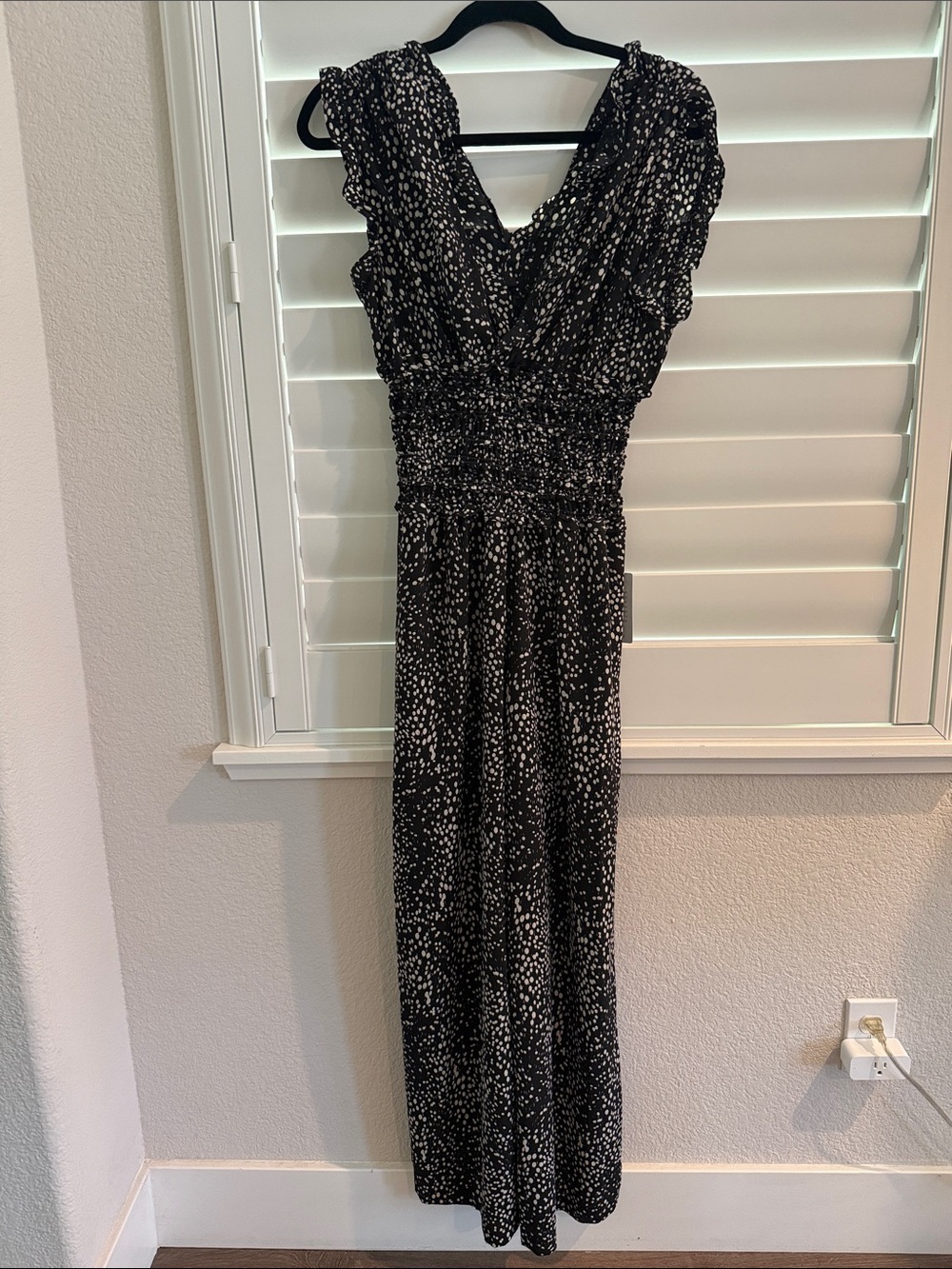 Max Studio Black and White Speckled Smocked Jumpsuit